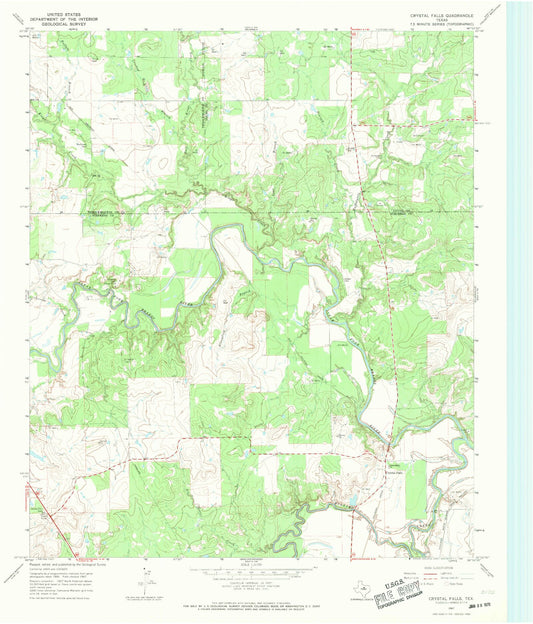 Classic USGS Crystal Falls Texas 7.5'x7.5' Topo Map Image
