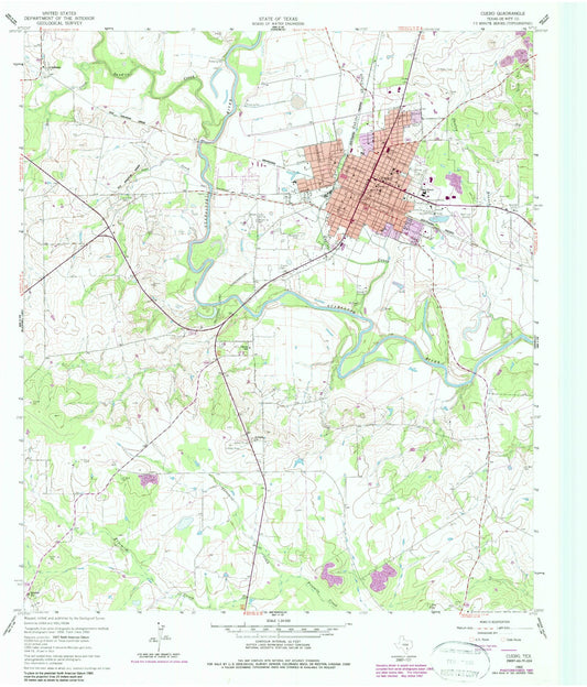 Classic USGS Cuero Texas 7.5'x7.5' Topo Map Image