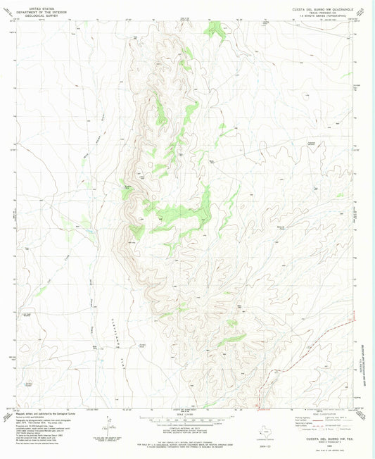 Classic USGS Cuesta Del Burro NW Texas 7.5'x7.5' Topo Map Image