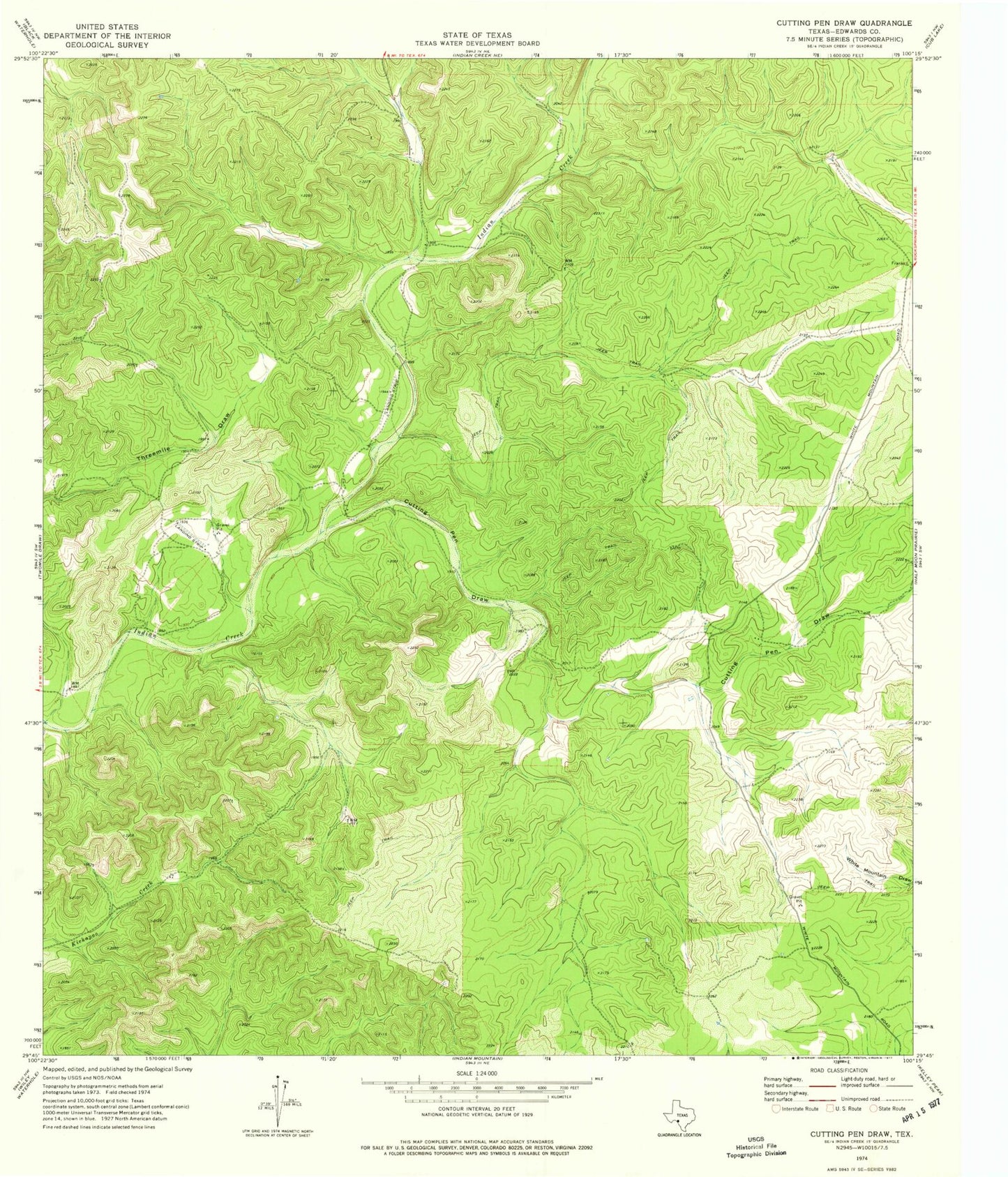 Classic USGS Cutting Pen Draw Texas 7.5'x7.5' Topo Map Image