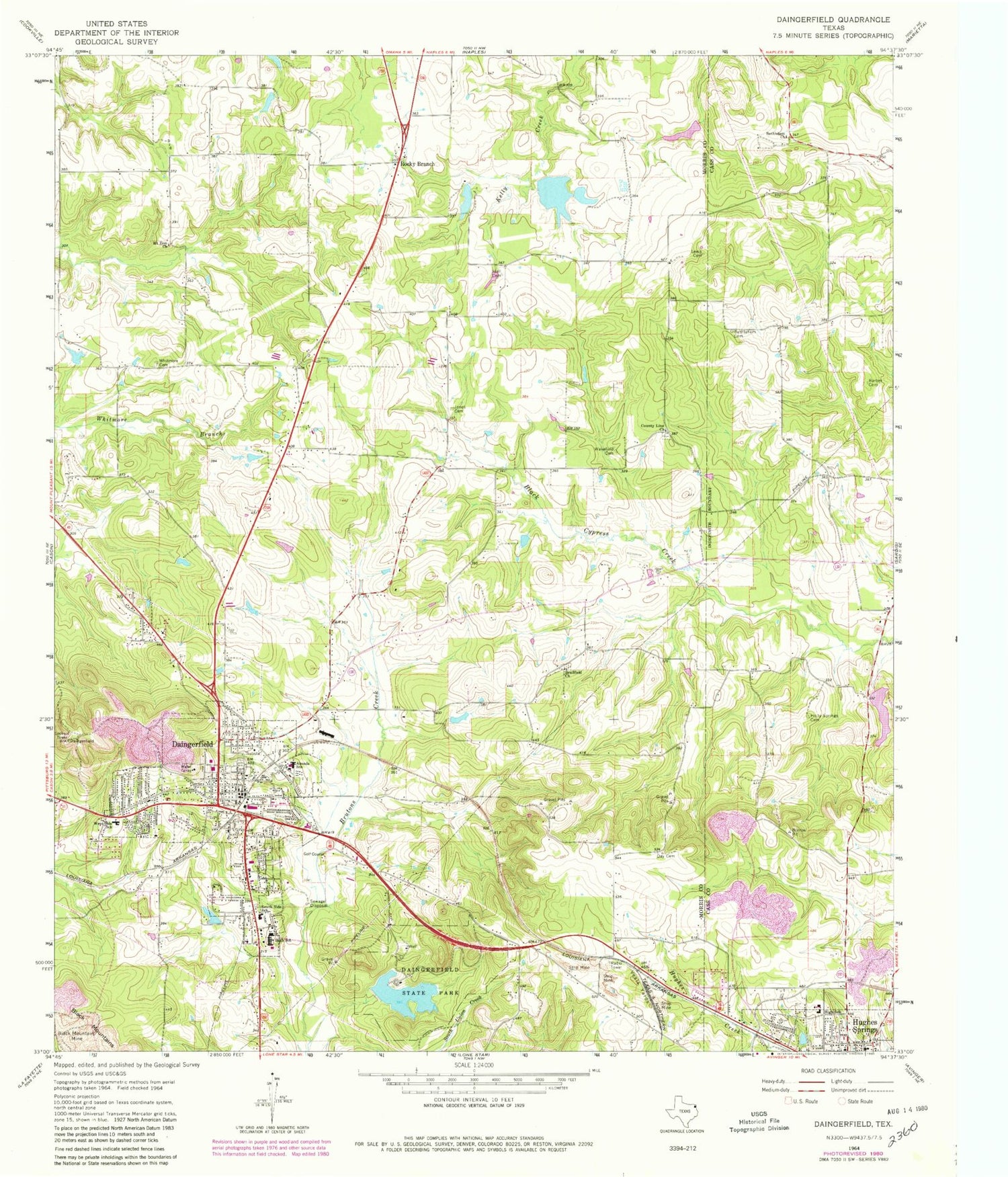 Classic USGS Daingerfield Texas 7.5'x7.5' Topo Map Image