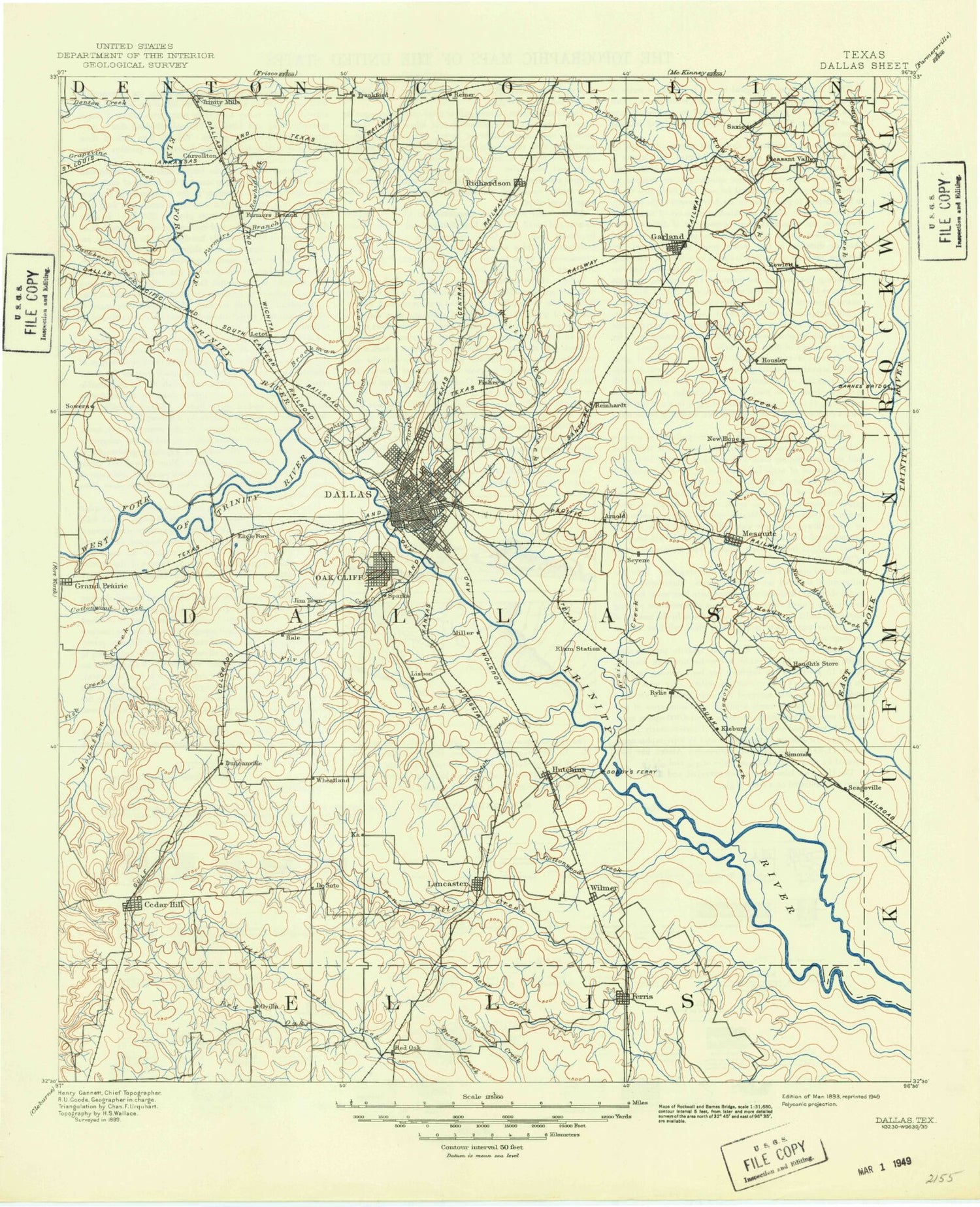 Historic 1893 Dallas Texas 30'x30' Topo Map Image
