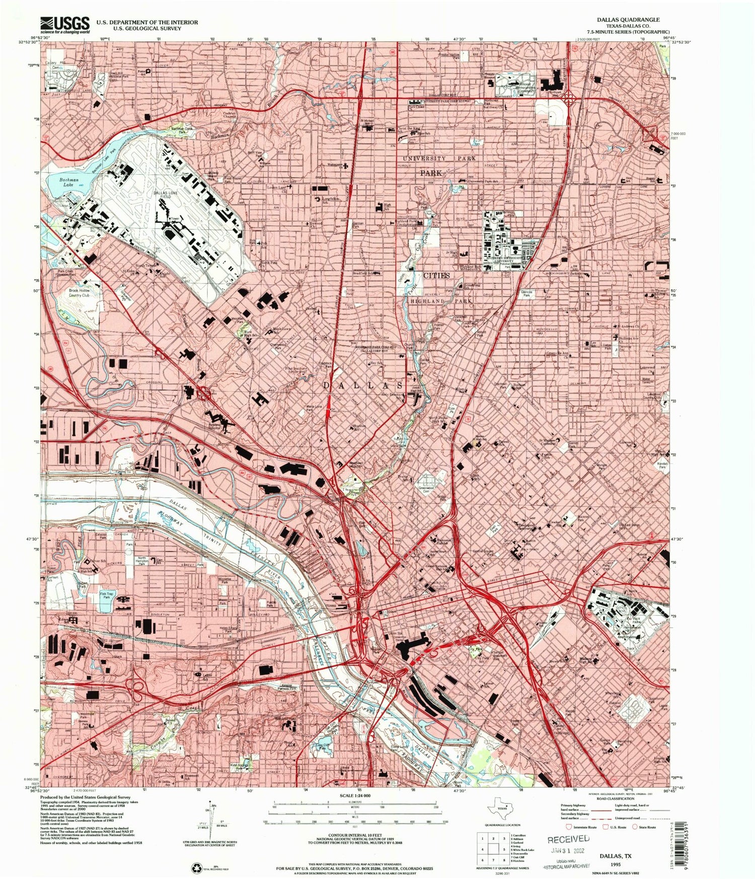 Classic USGS Dallas Texas 7.5'x7.5' Topo Map Image