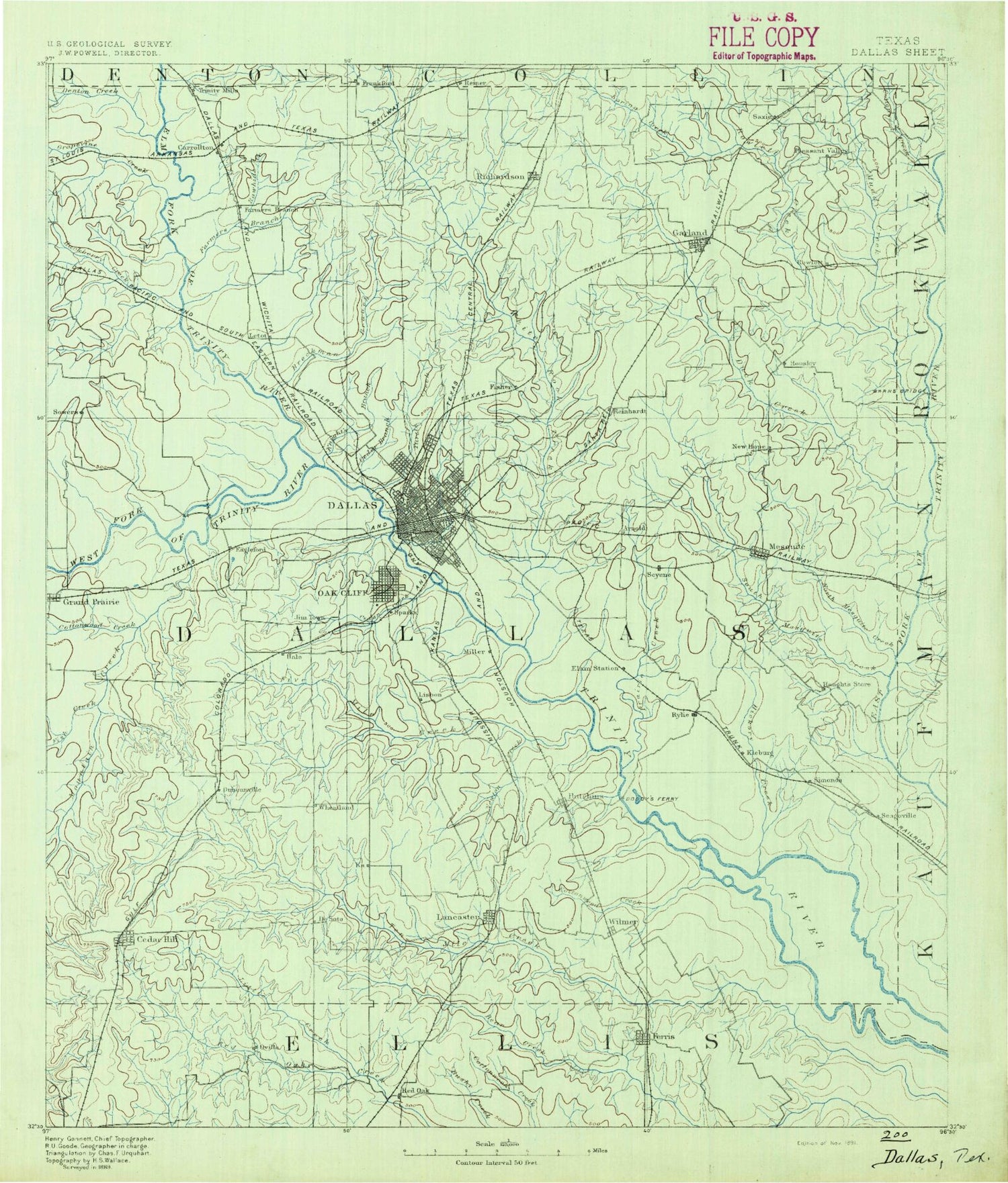 Historic 1891 Dallas Texas 30'x30' Topo Map Image
