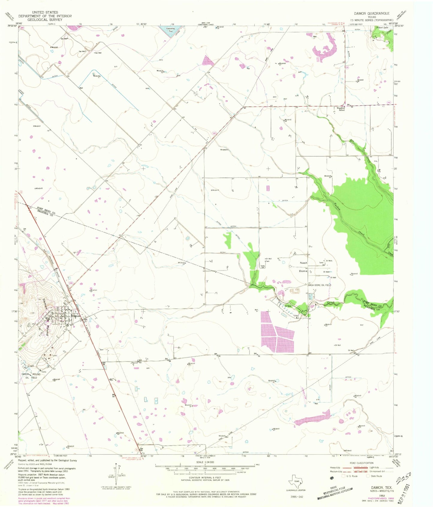 Classic USGS Damon Texas 7.5'x7.5' Topo Map Image