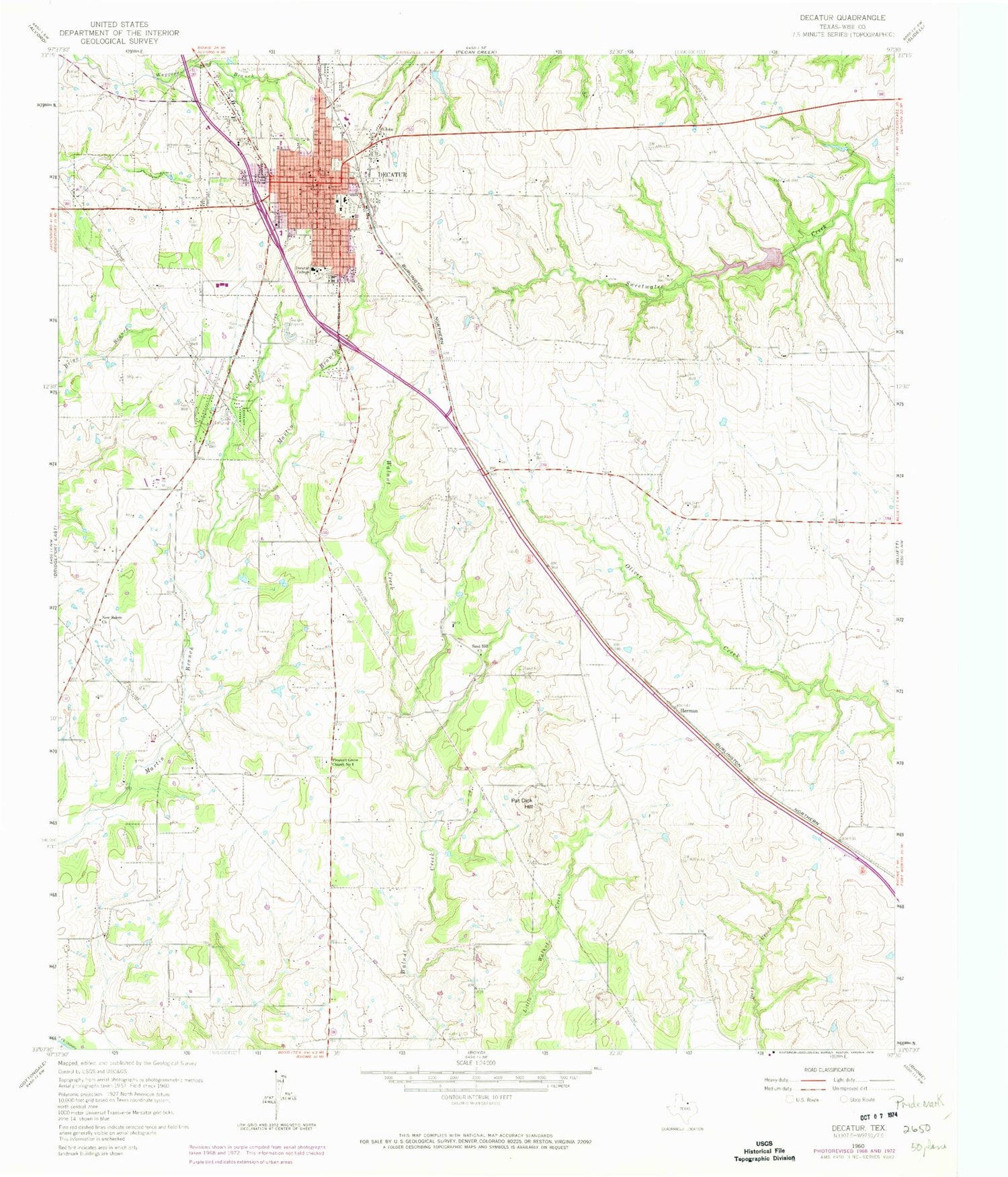Classic USGS Decatur Texas 7.5'x7.5' Topo Map Image