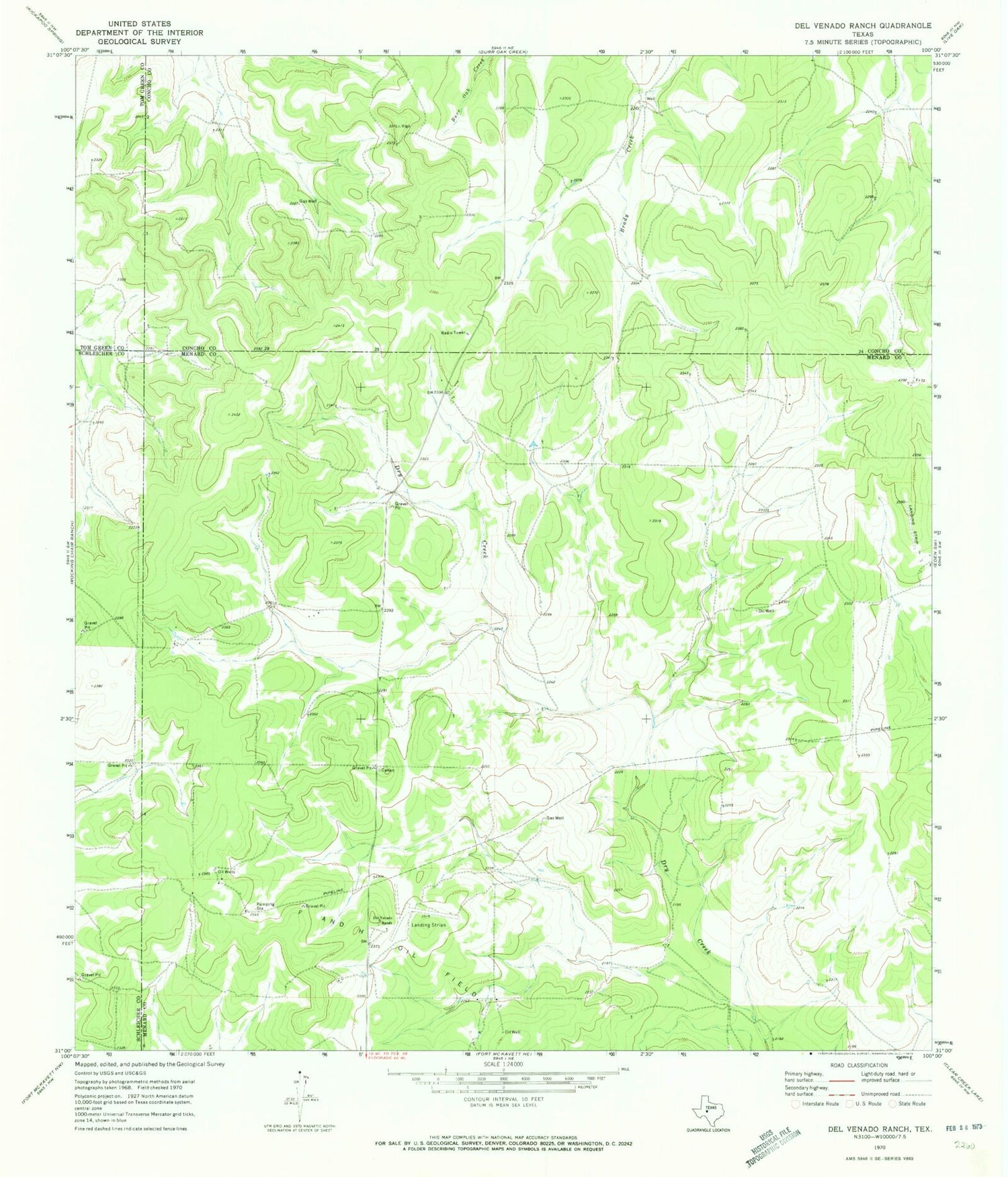 Classic USGS Del Venado Ranch Texas 7.5'x7.5' Topo Map Image