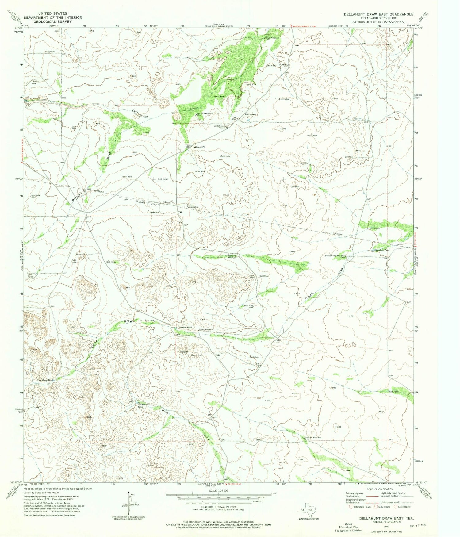 Classic USGS Dellahunt Draw East Texas 7.5'x7.5' Topo Map Image