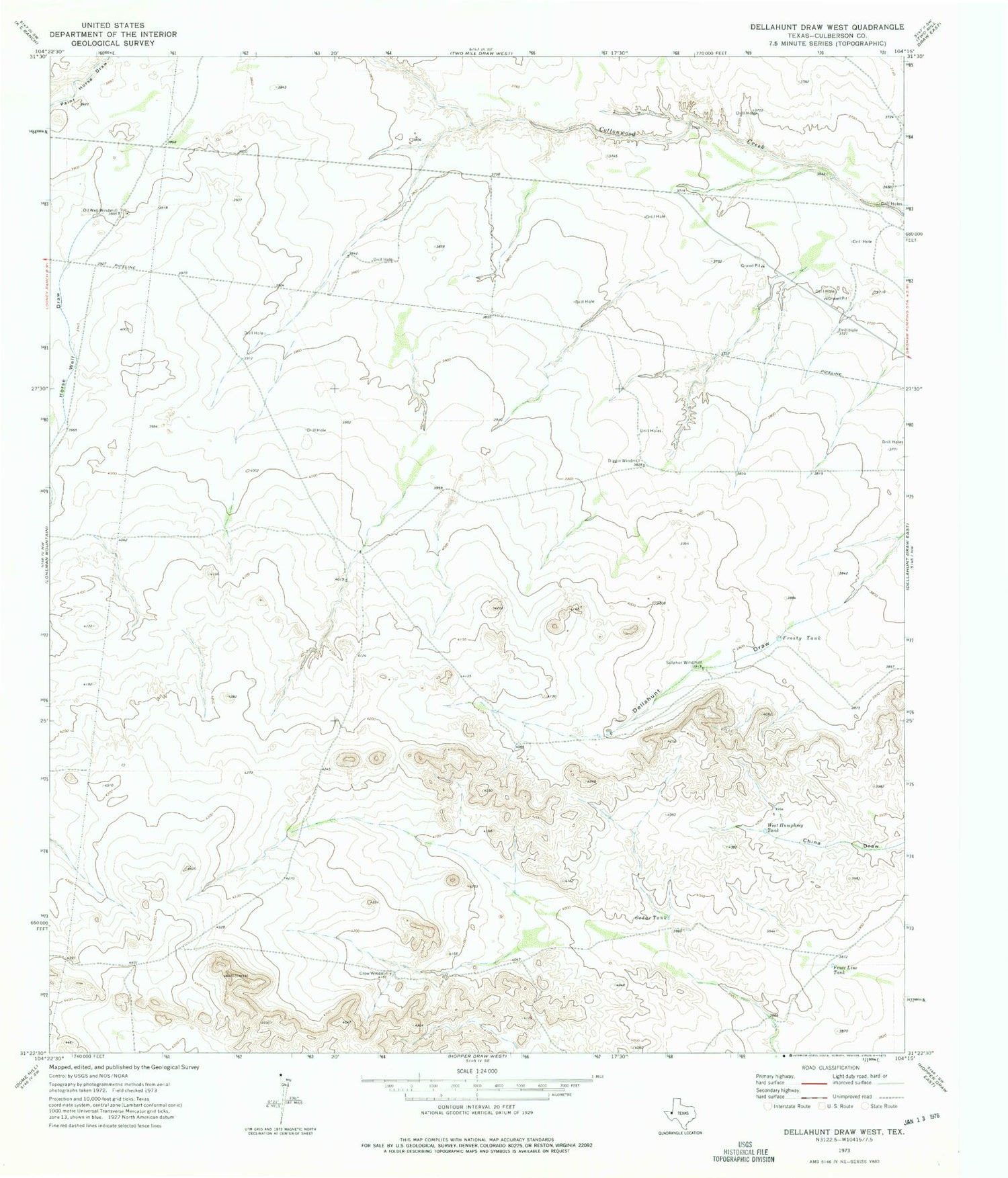 Classic USGS Dellahunt Draw West Texas 7.5'x7.5' Topo Map Image