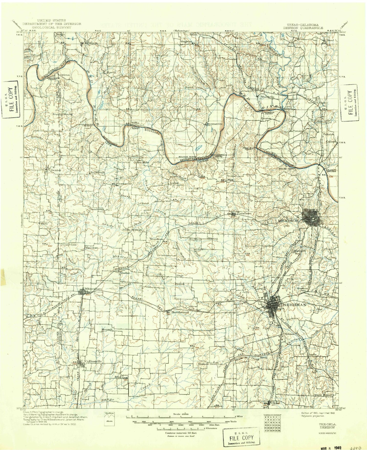 Historic 1901 Denison Texas 30'x30' Topo Map Image