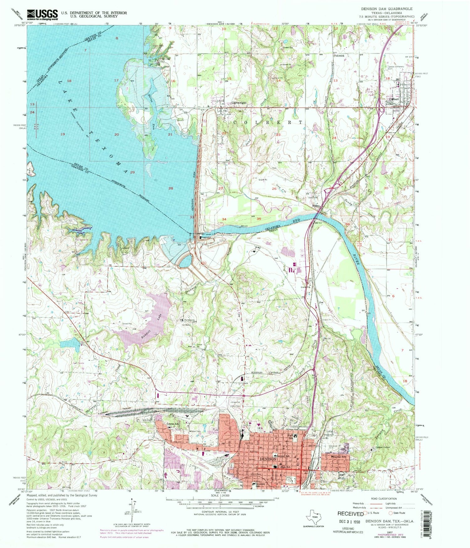 Classic USGS Denison Dam Texas 7.5'x7.5' Topo Map Image