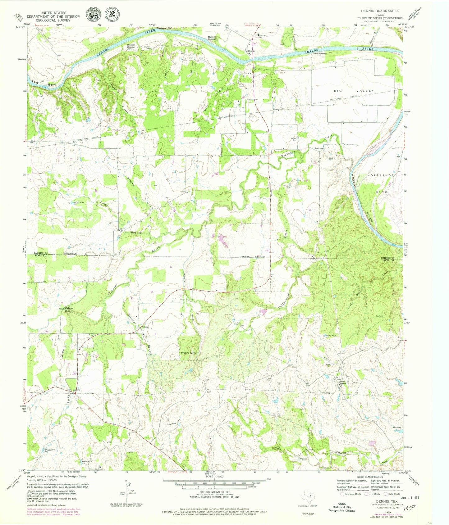 Classic USGS Dennis Texas 7.5'x7.5' Topo Map Image