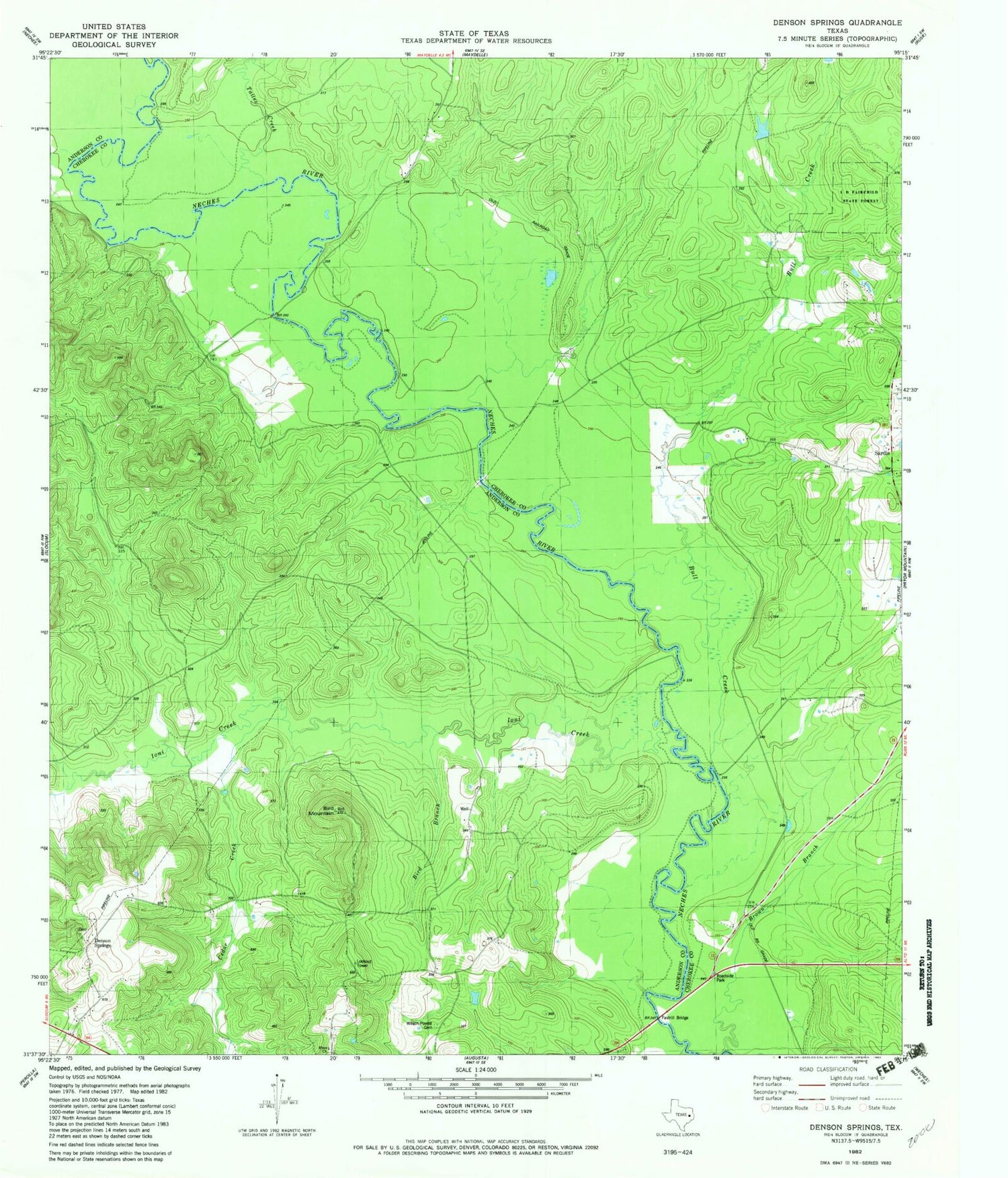 Classic USGS Denson Springs Texas 7.5'x7.5' Topo Map Image
