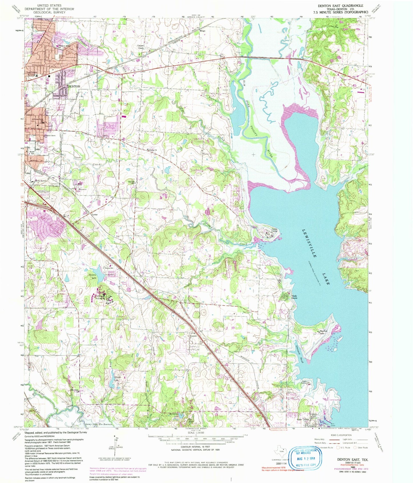 Classic USGS Denton East Texas 7.5'x7.5' Topo Map Image