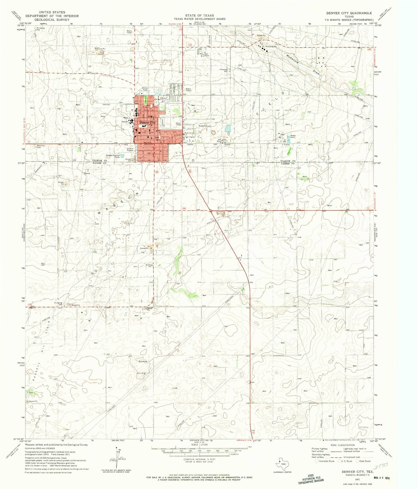 Classic USGS Denver City Texas 7.5'x7.5' Topo Map Image