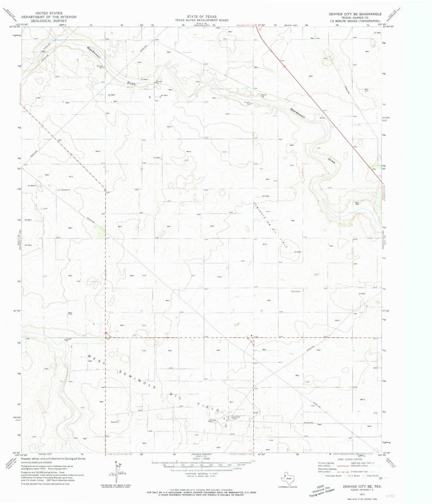 Classic USGS Denver City SE Texas 7.5'x7.5' Topo Map Image