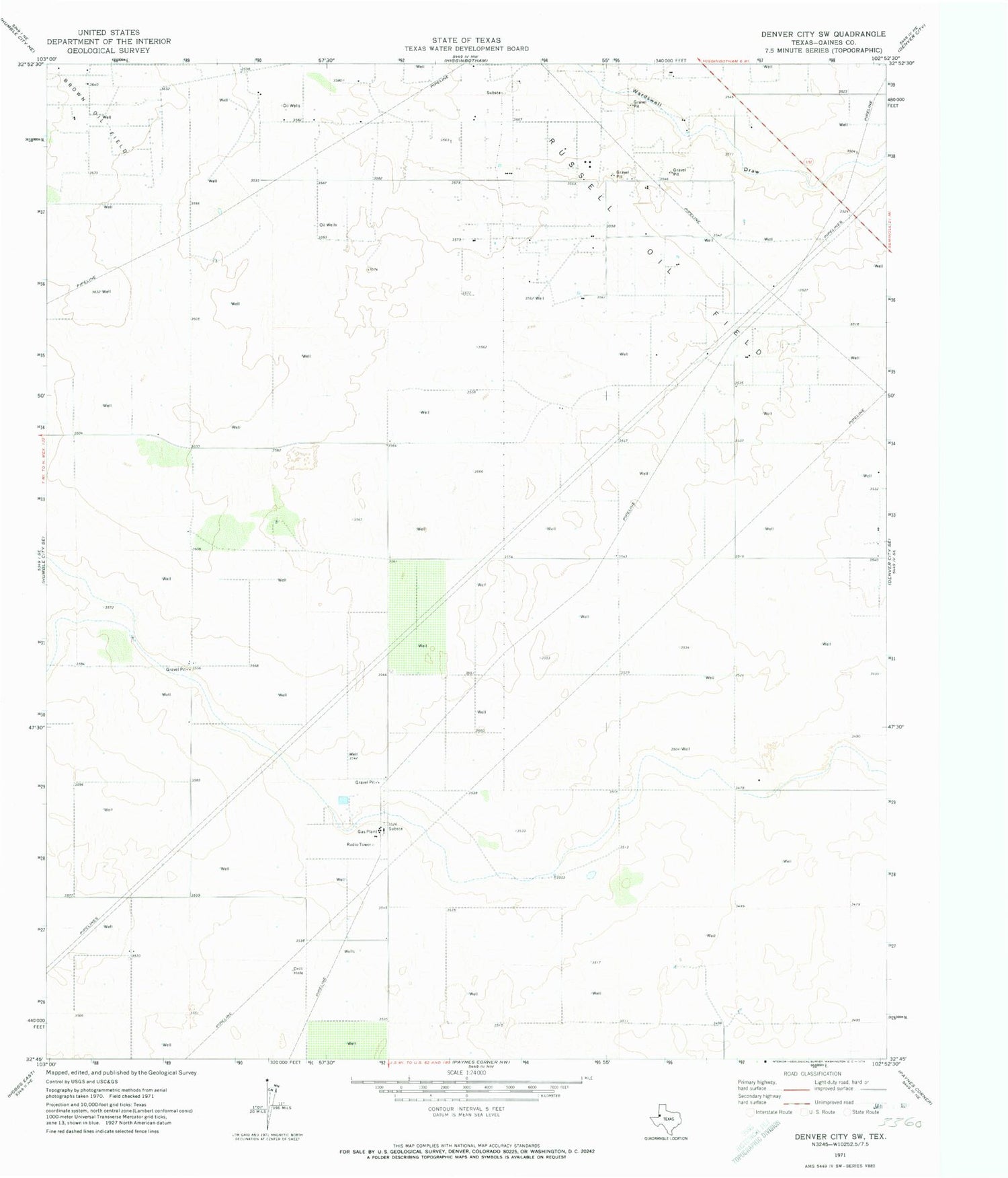 Classic USGS Denver City SW Texas 7.5'x7.5' Topo Map Image