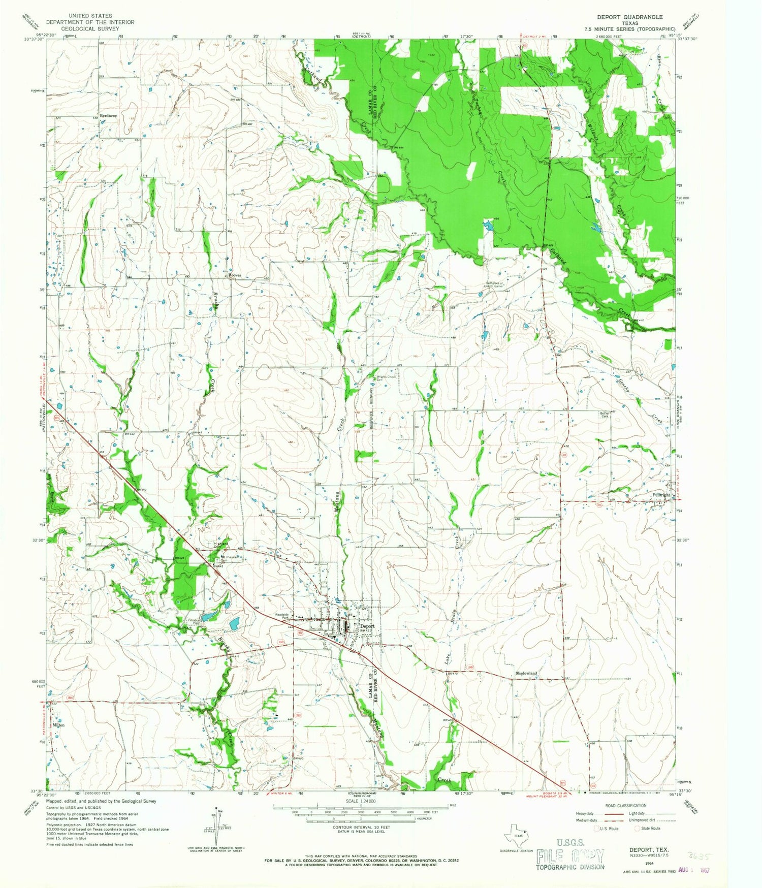 Classic USGS Deport Texas 7.5'x7.5' Topo Map Image