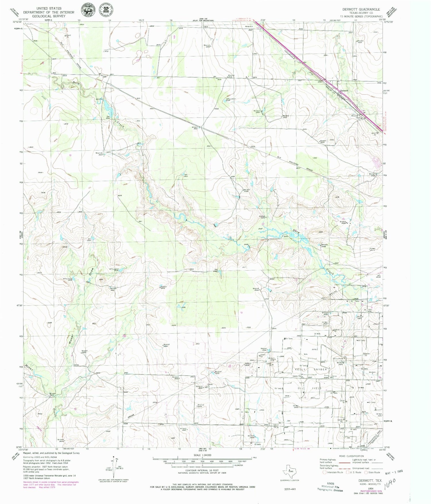 Classic USGS Dermott Texas 7.5'x7.5' Topo Map Image