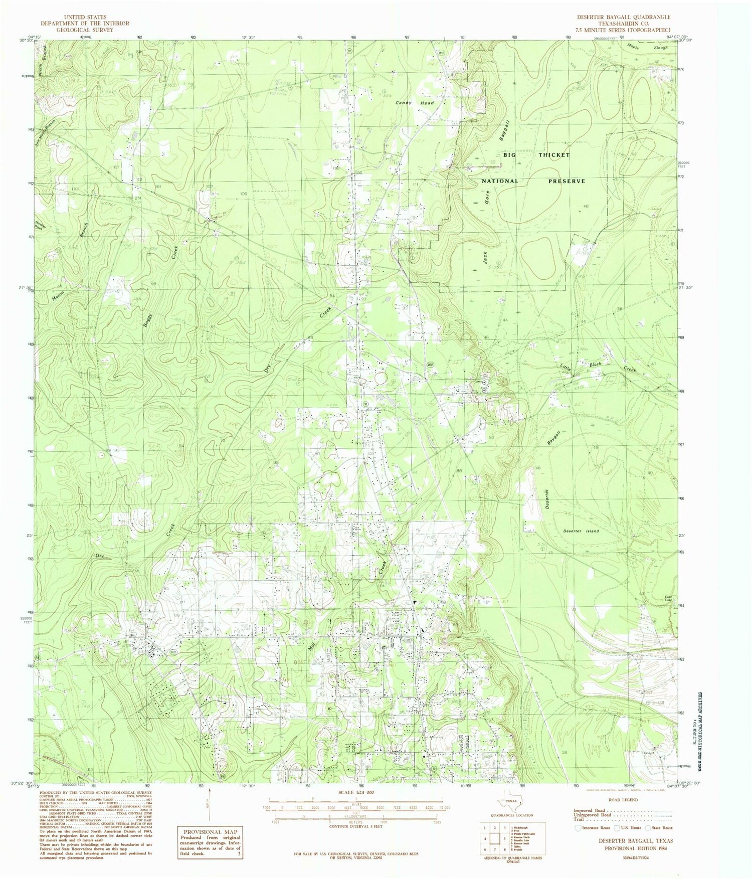 Classic USGS Deserter Baygall Texas 7.5'x7.5' Topo Map Image