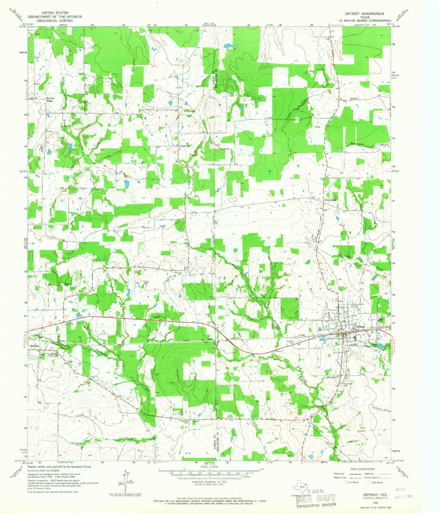 Classic USGS Detroit Texas 7.5'x7.5' Topo Map Image