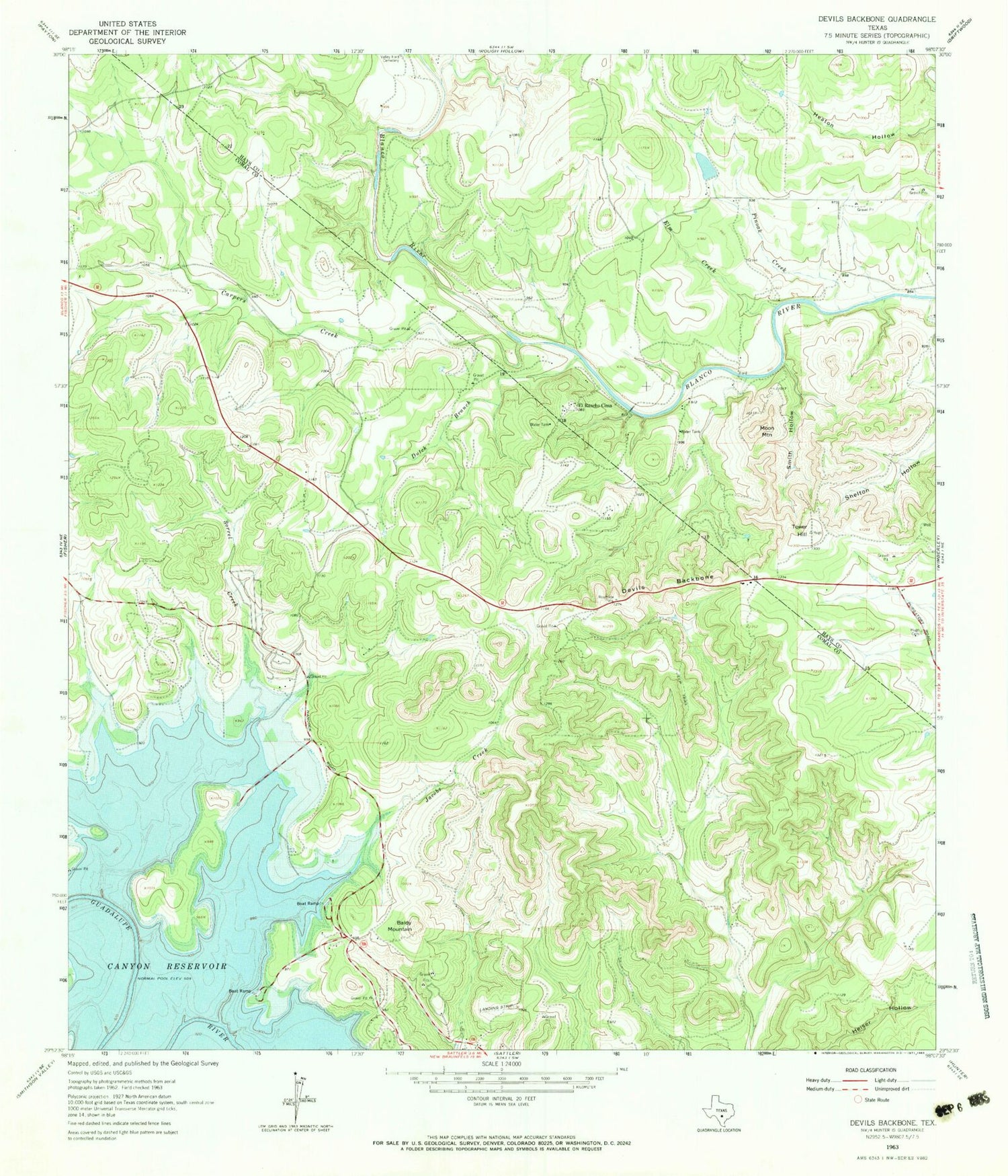 Classic USGS Devils Backbone Texas 7.5'x7.5' Topo Map Image