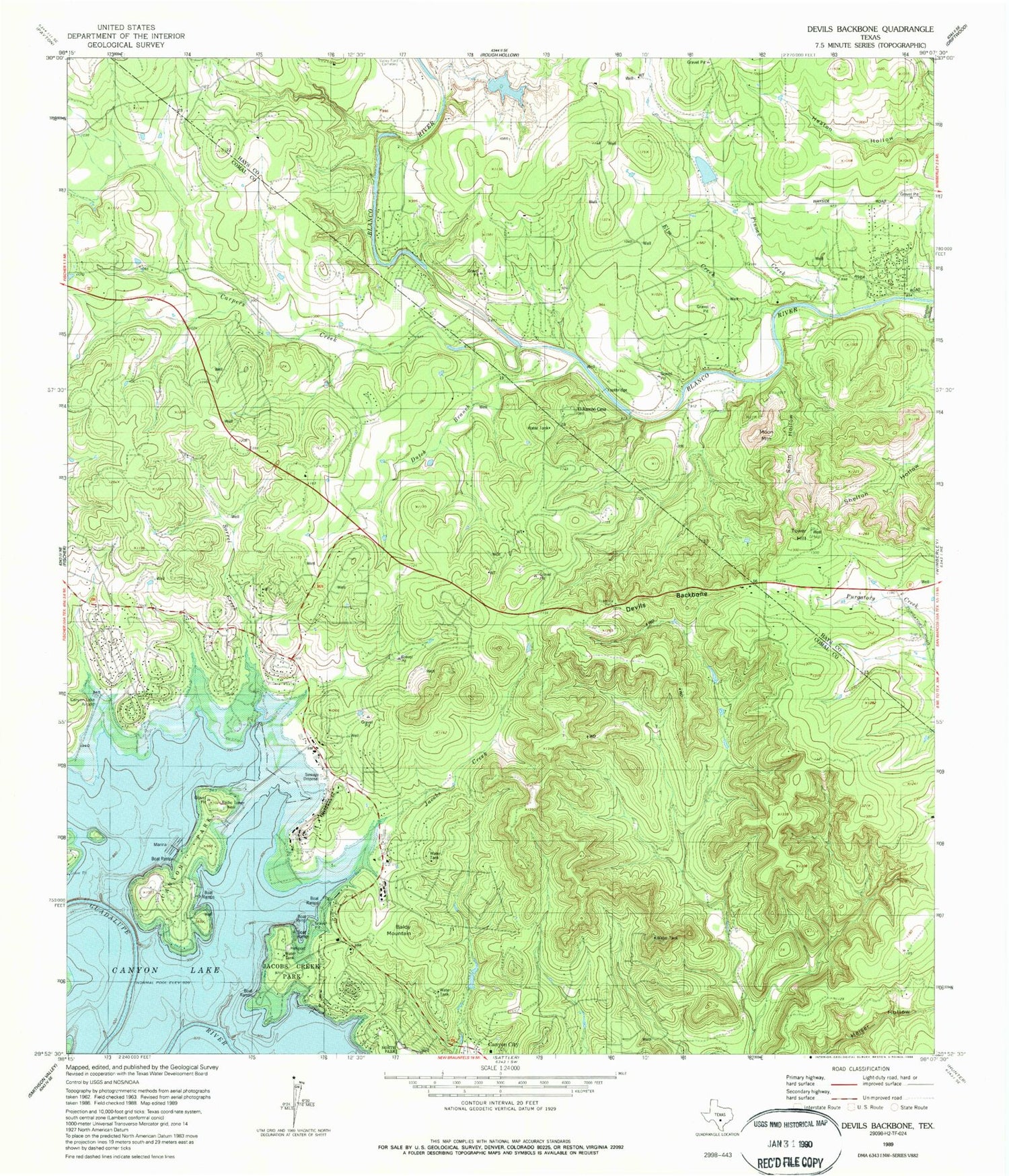 Classic USGS Devils Backbone Texas 7.5'x7.5' Topo Map Image