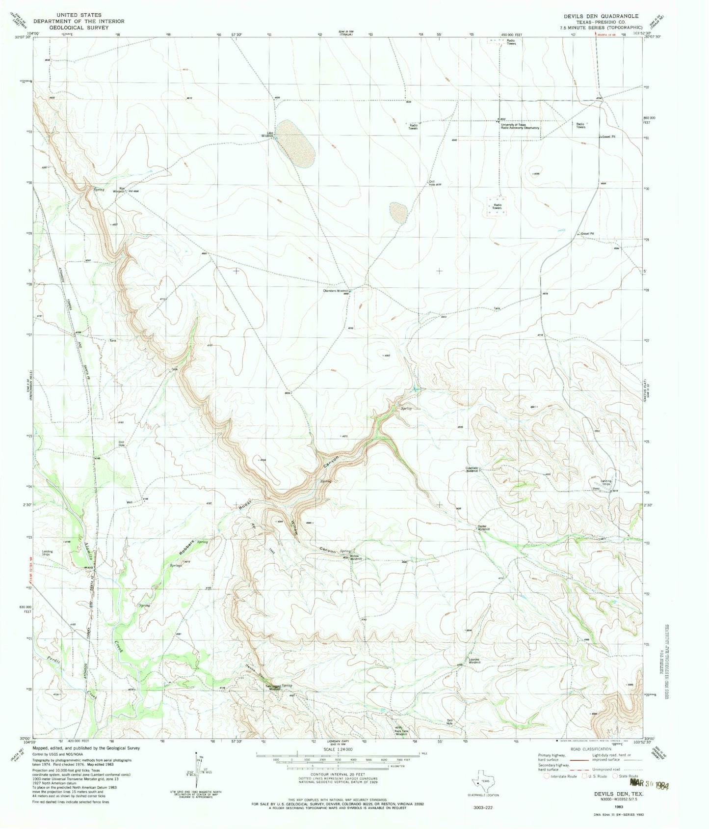 Classic USGS Devils Den Texas 7.5'x7.5' Topo Map Image