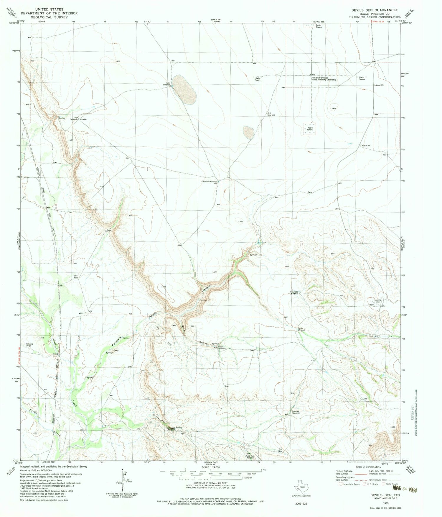 Classic USGS Devils Den Texas 7.5'x7.5' Topo Map Image