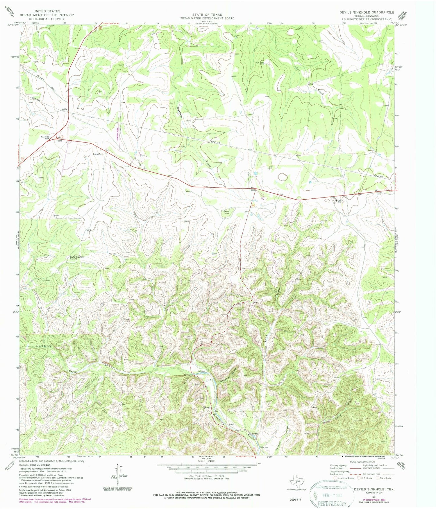 Classic USGS Devils Sinkhole Texas 7.5'x7.5' Topo Map Image