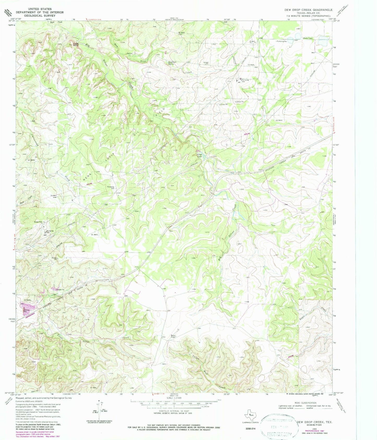 Classic USGS Dew Drop Creek Texas 7.5'x7.5' Topo Map Image