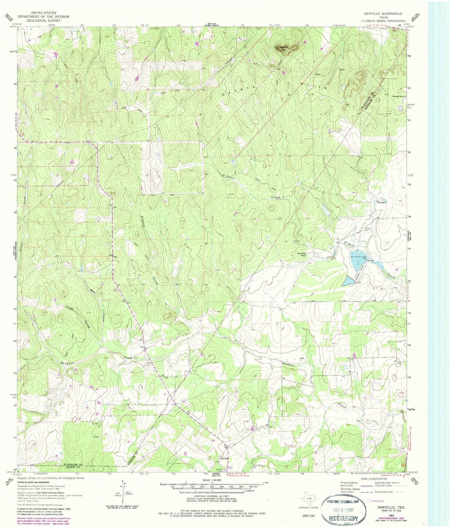 Classic USGS Dewville Texas 7.5'x7.5' Topo Map Image