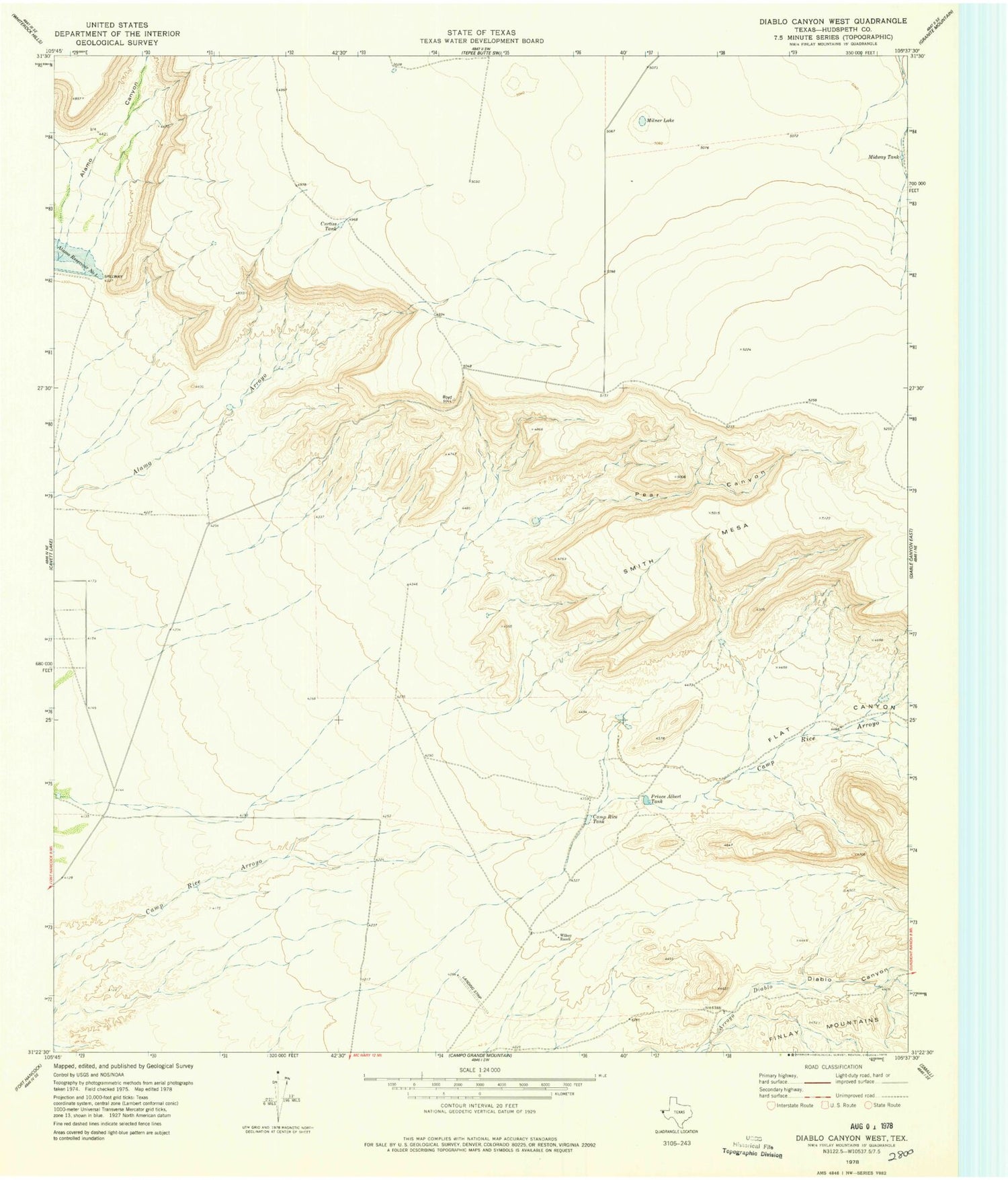 Classic USGS Diablo Canyon West Texas 7.5'x7.5' Topo Map Image
