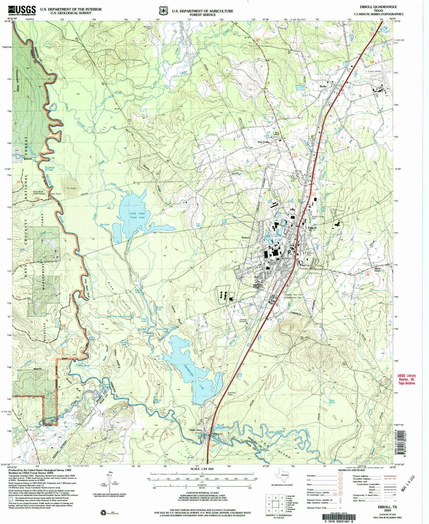Classic USGS Diboll Texas 7.5'x7.5' Topo Map Image