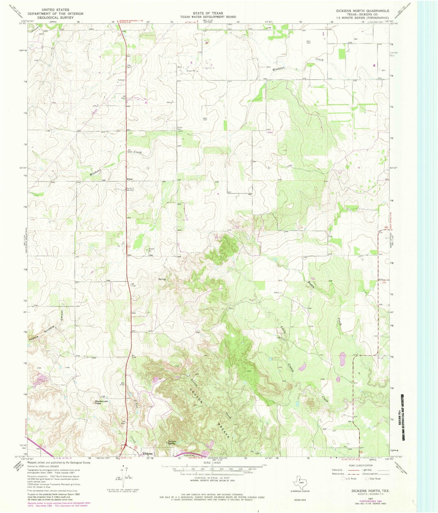 Classic USGS Dickens North Texas 7.5'x7.5' Topo Map Image
