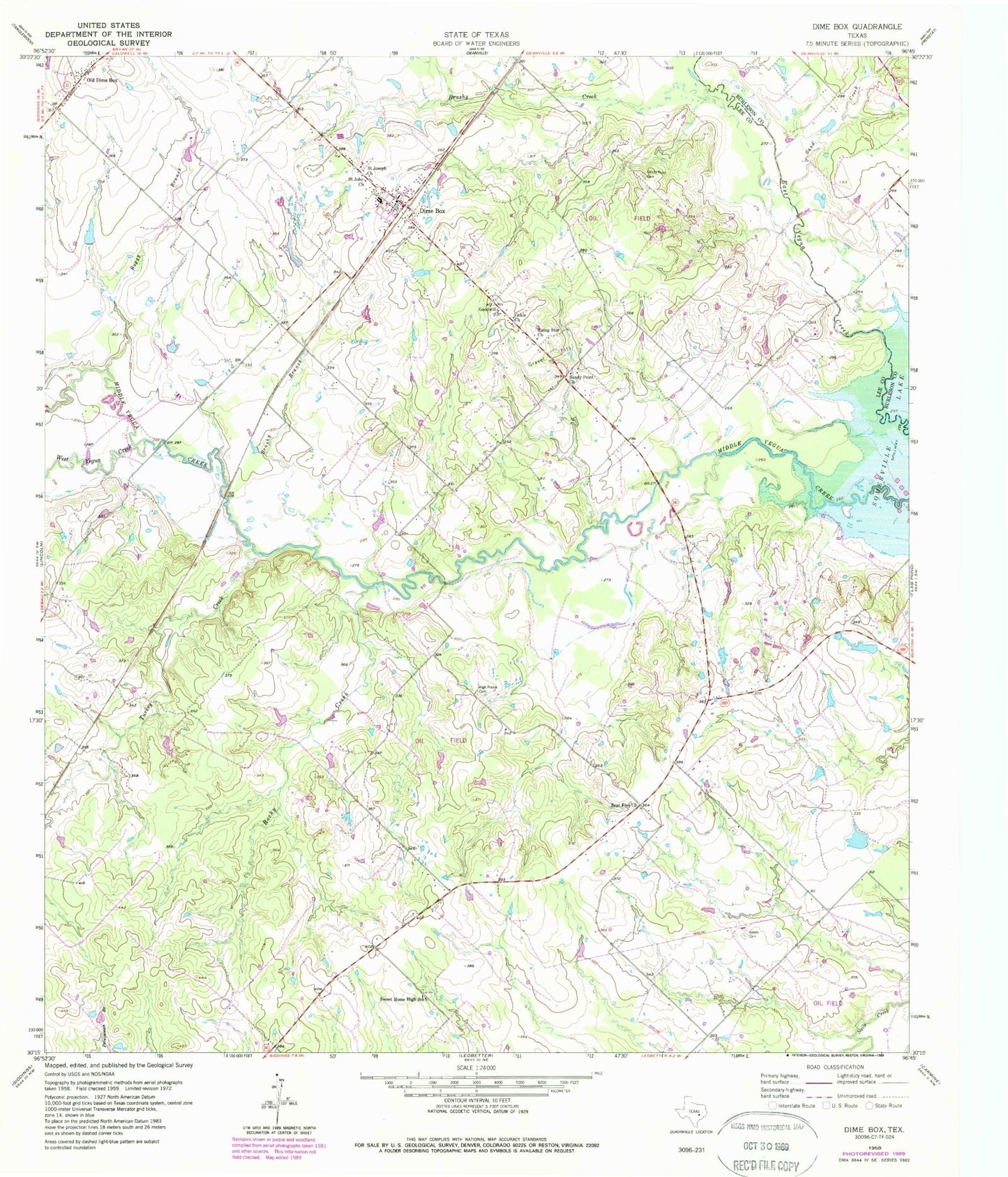 Classic USGS Dime Box Texas 7.5'x7.5' Topo Map Image