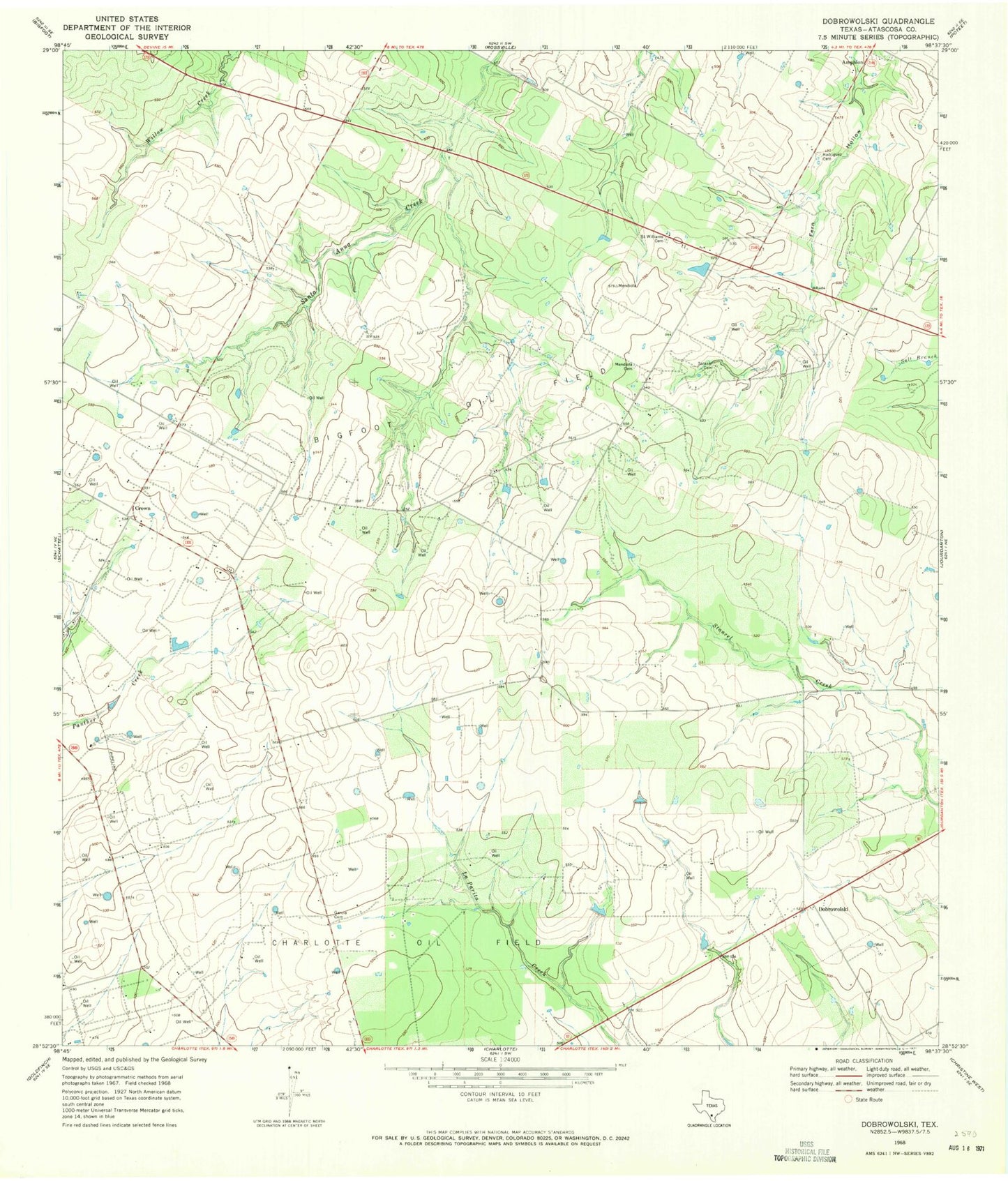 Classic USGS Dobrowolski Texas 7.5'x7.5' Topo Map Image