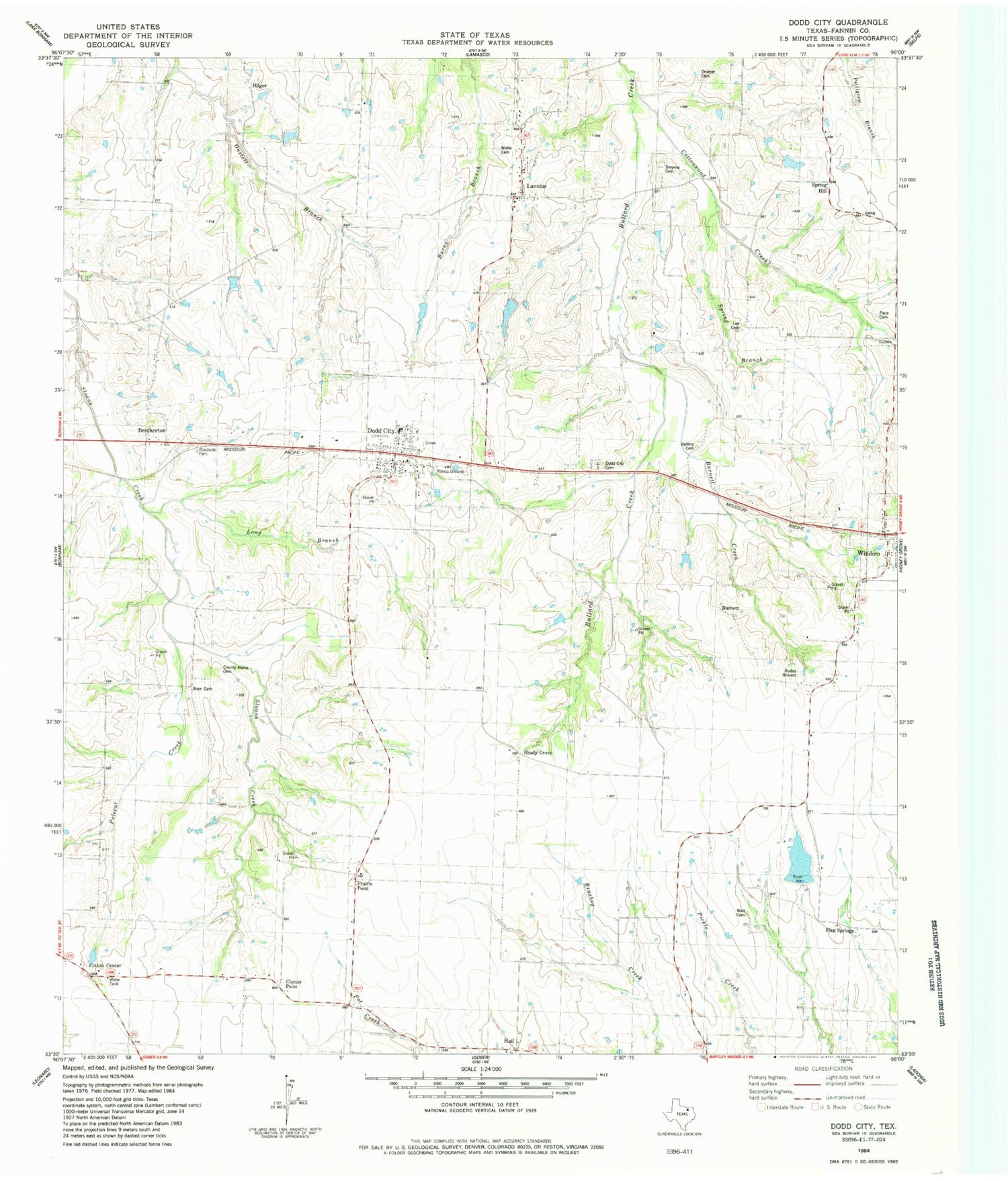 Classic USGS Dodd City Texas 7.5'x7.5' Topo Map Image