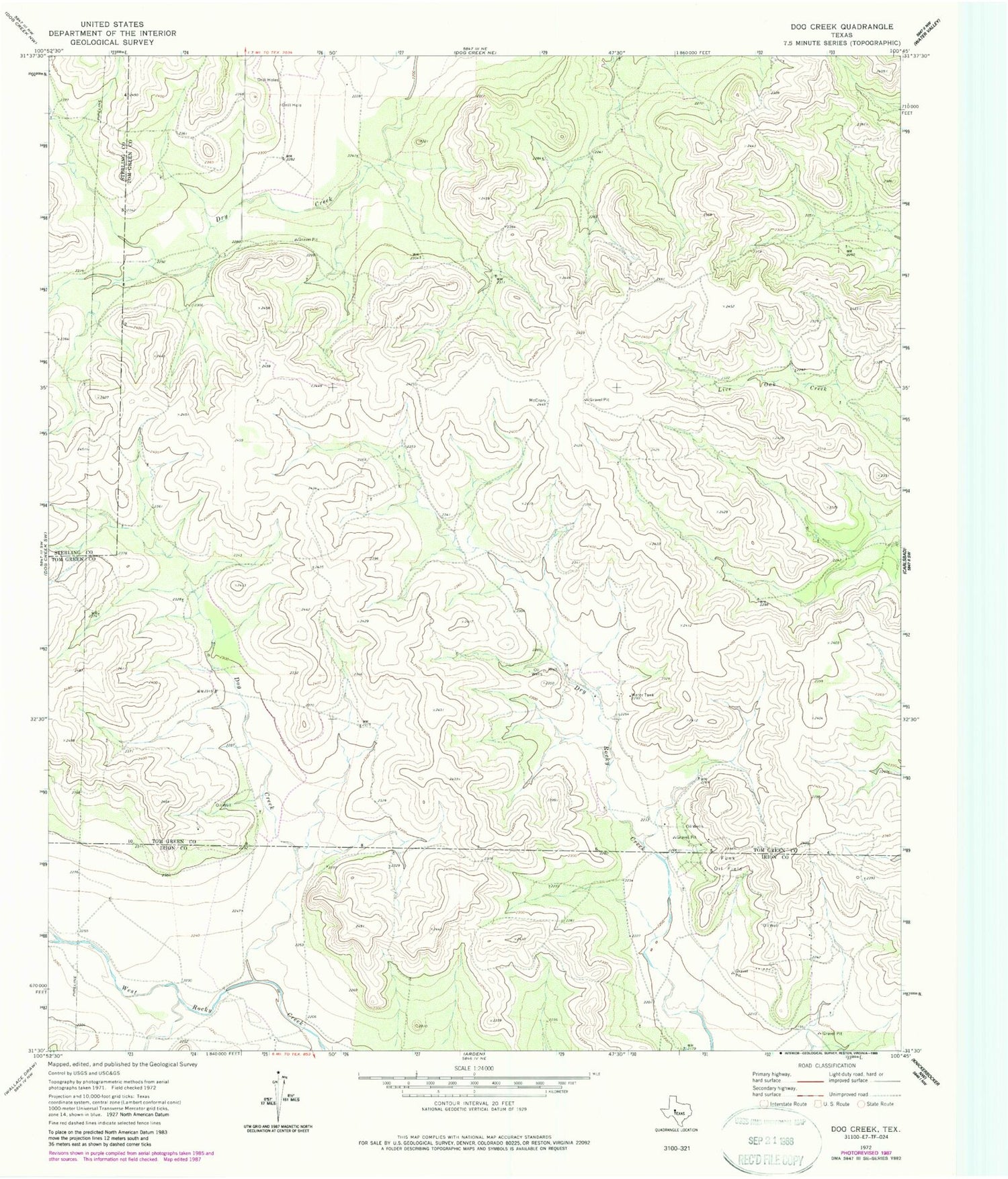 Classic USGS Dog Creek Texas 7.5'x7.5' Topo Map Image