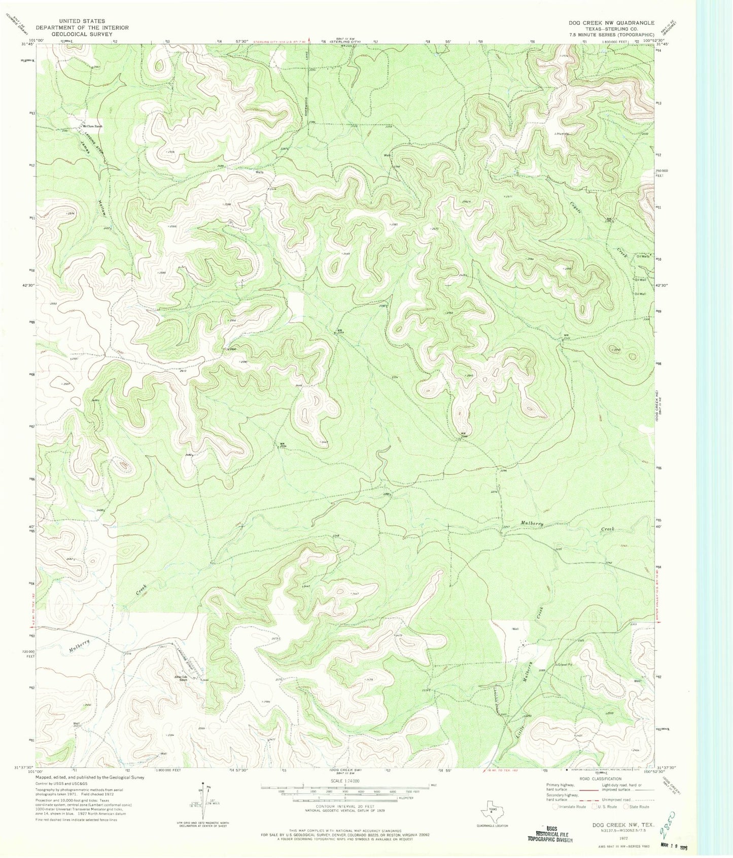 Classic USGS Dog Creek NW Texas 7.5'x7.5' Topo Map Image