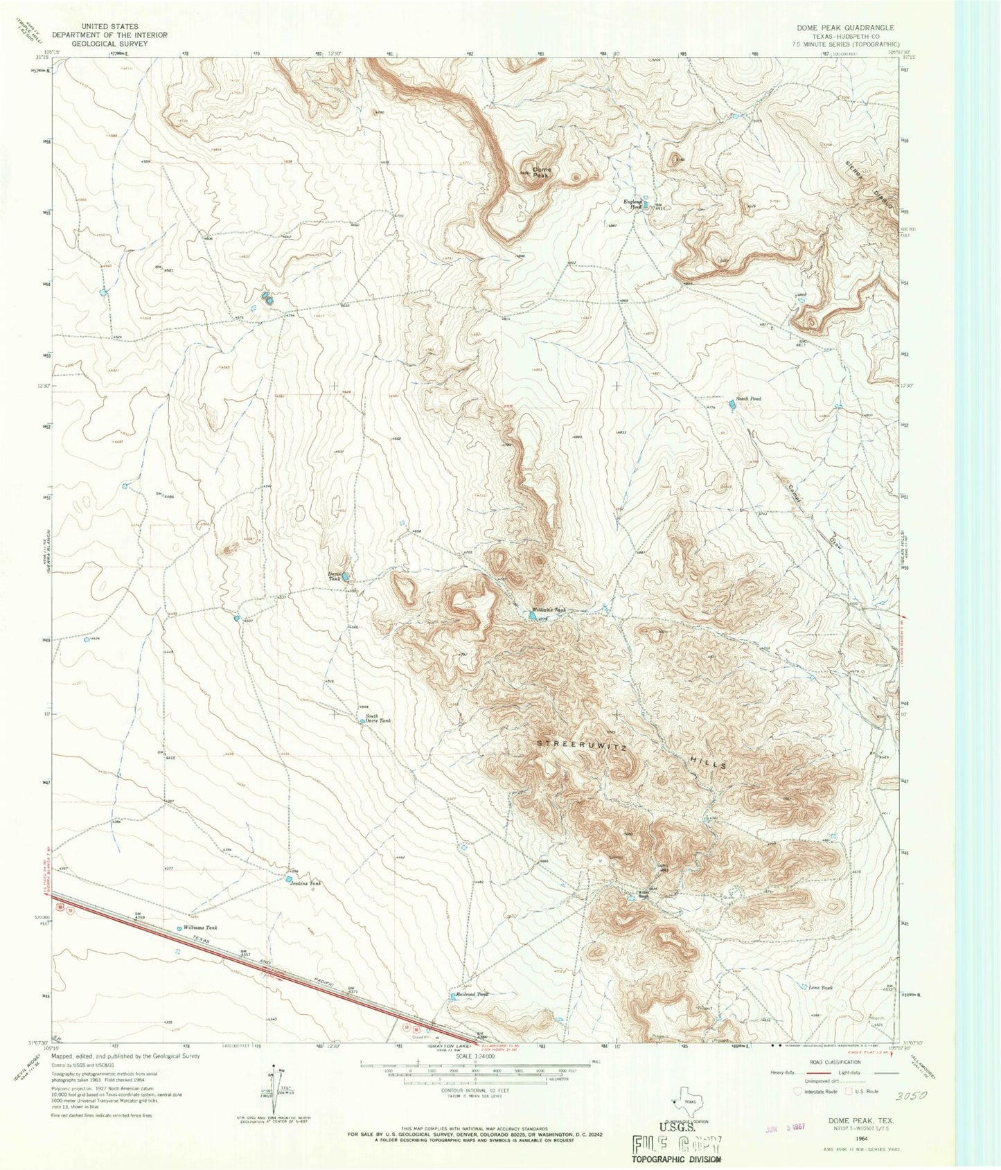 Classic USGS Dome Peak Texas 7.5'x7.5' Topo Map Image