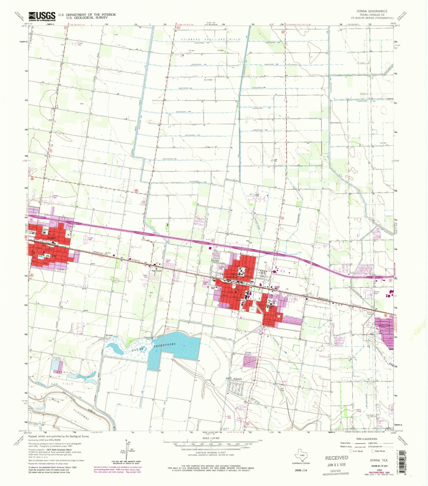 Classic USGS Donna Texas 7.5'x7.5' Topo Map Image