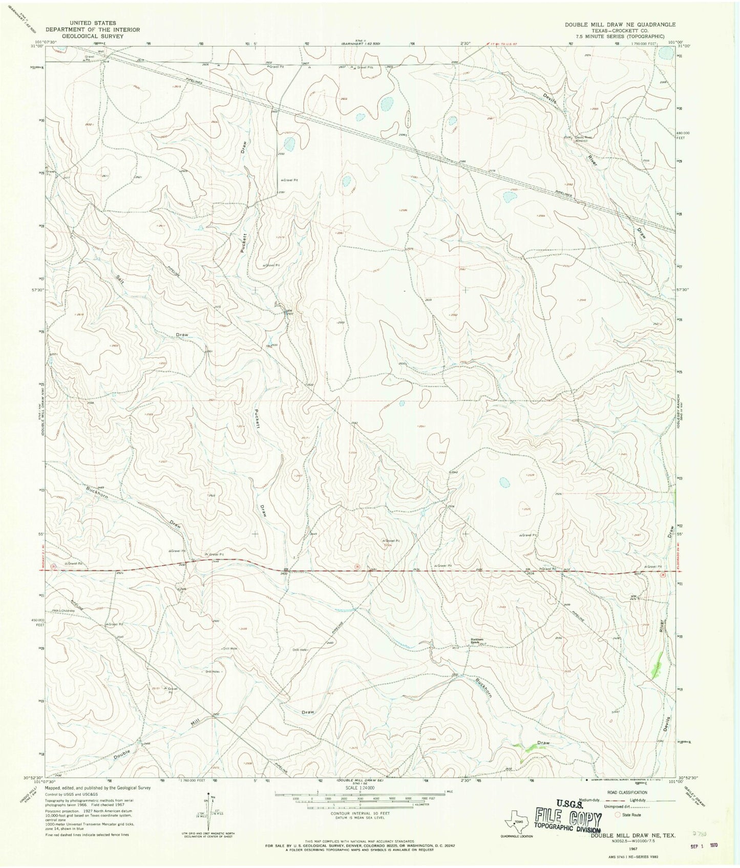 Classic USGS Double Mill Draw NE Texas 7.5'x7.5' Topo Map Image