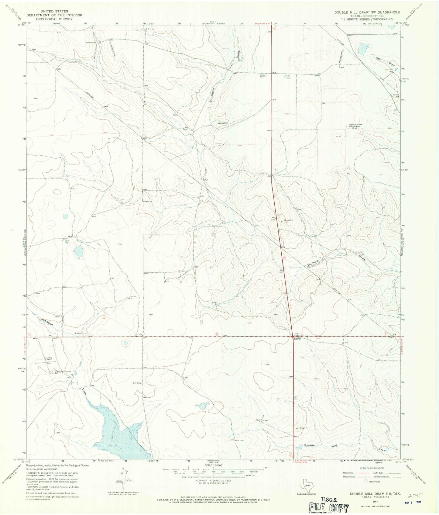 Classic USGS Double Mill Draw NW Texas 7.5'x7.5' Topo Map Image