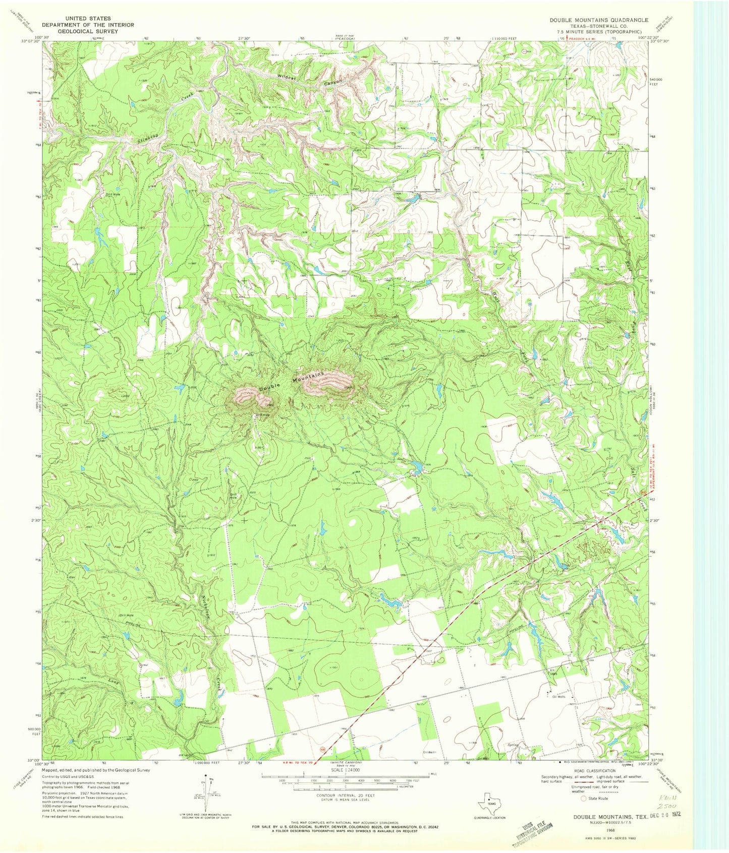 Classic USGS Double Mountains Texas 7.5'x7.5' Topo Map Image