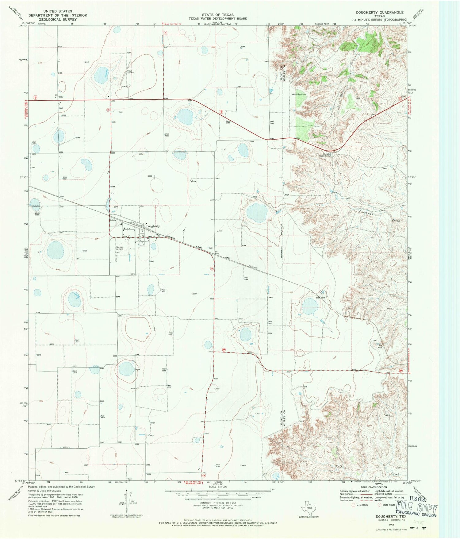 Classic USGS Dougherty Texas 7.5'x7.5' Topo Map Image