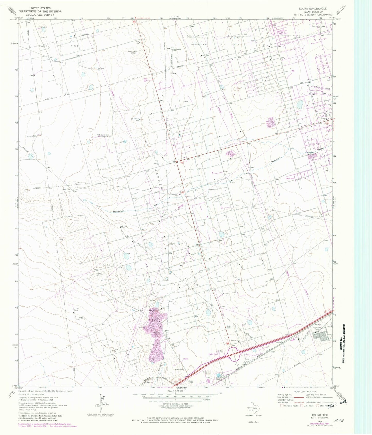 Classic USGS Douro Texas 7.5'x7.5' Topo Map Image