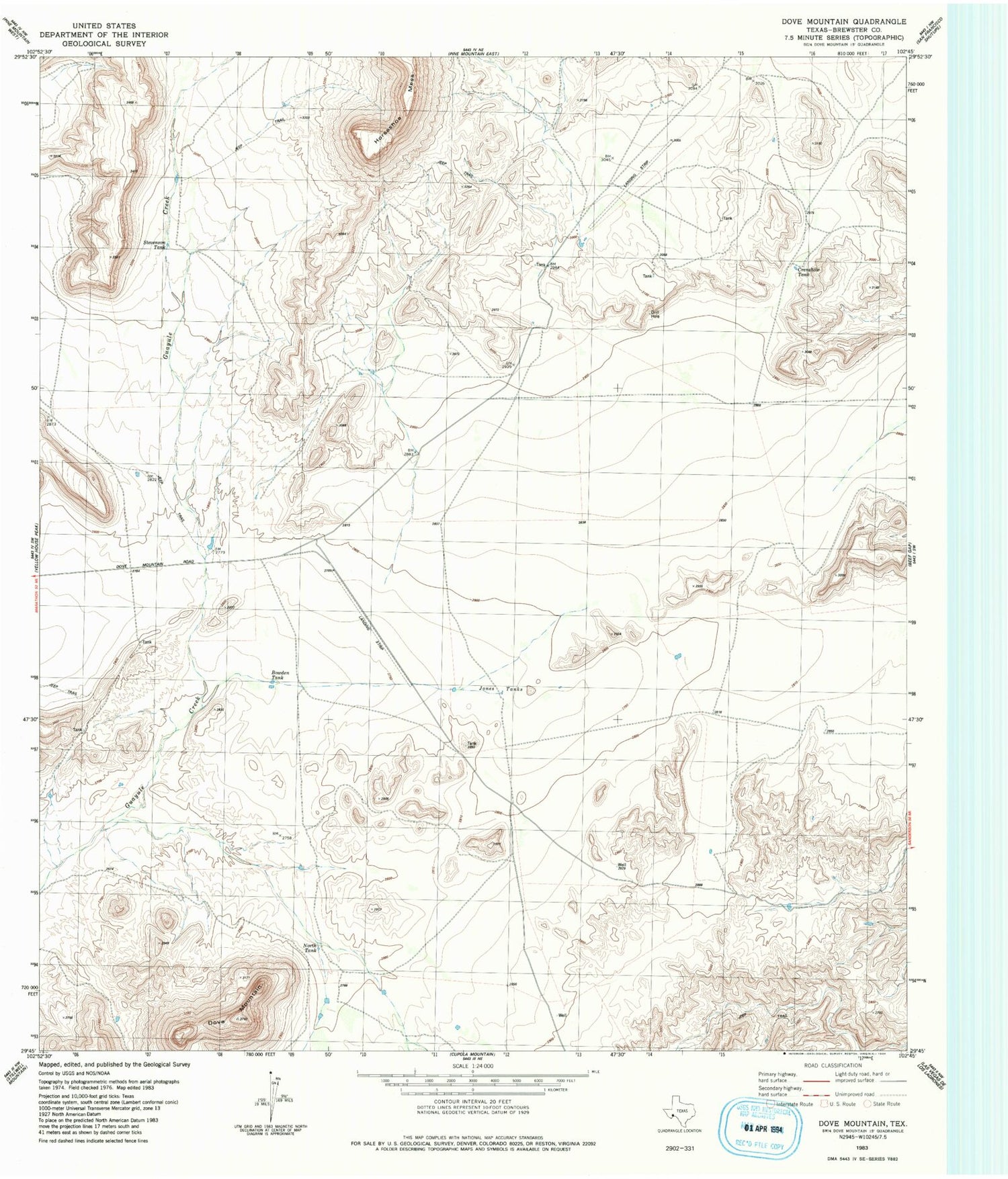 Classic USGS Dove Mountain Texas 7.5'x7.5' Topo Map Image