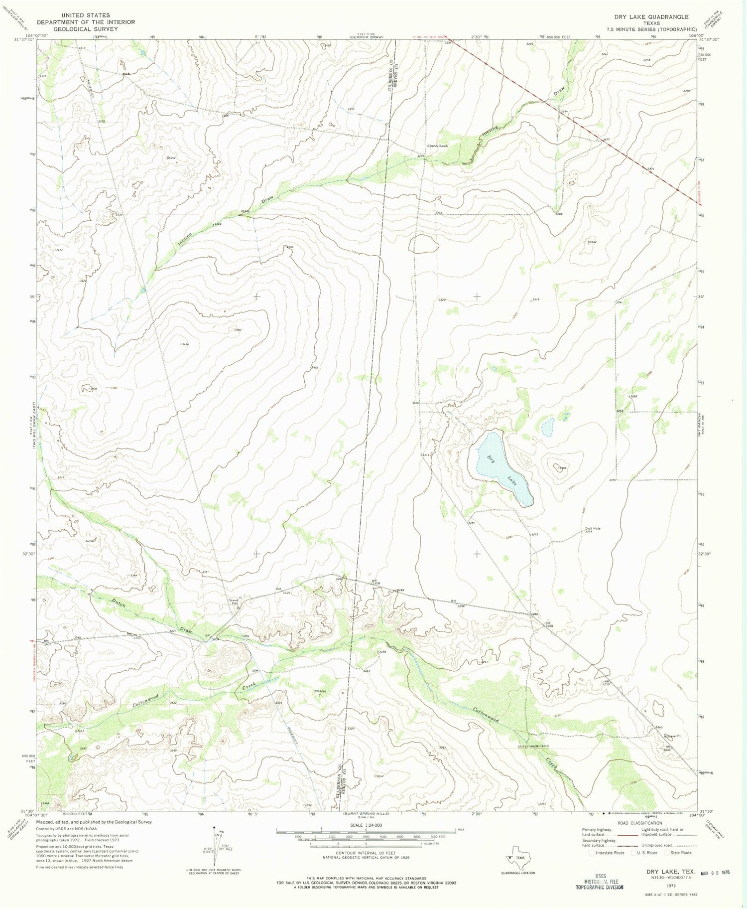 Classic USGS Dry Lake Texas 7.5'x7.5' Topo Map Image