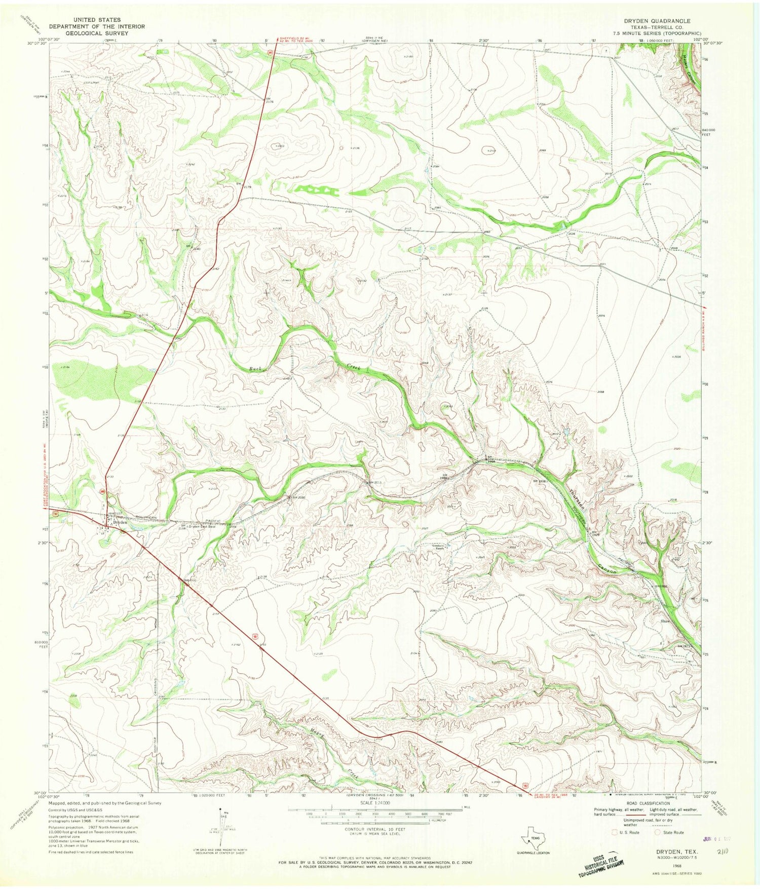 Classic USGS Dryden Texas 7.5'x7.5' Topo Map Image